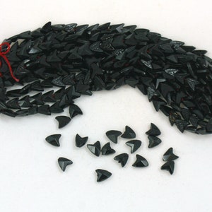 Puede incluir: Una hebra de cuentas de piedras preciosas negras en forma de puntas de flecha. Las cuentas están enhebradas en un cordón rojo y hay algunas cuentas sueltas esparcidas alrededor.