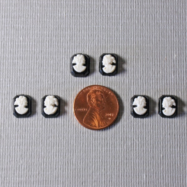 6 Tiny Vintage Resin Plastic Cameo Cabochon Female Bust White on Black - 10x8mm Rectangle 3/8" x 1/4" Mini Miniature Small Jewelry Component