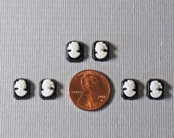 6 Tiny Vintage Resin Plastic Cameo Cabochon Female Bust White on Black - 10x8mm Rectangle 3/8" x 1/4" Mini Miniature Small Jewelry Component