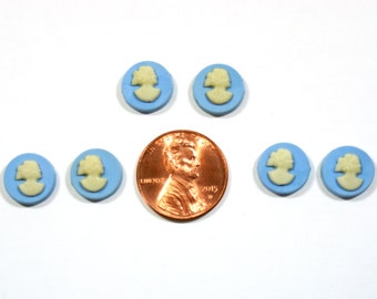 6 Tiny Vintage Matte Resin Plastic Round Cameo Cabochons - Female Bust White on Blue - 11mm - 7/16" - Mini Miniature Small Jewelry Component