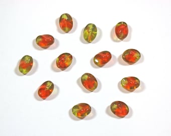 8 Vintage Western Germany Twisted Oval Glass Beads - Translucent Green and Orange Beads - 15x11mm German Beads- Two Tone Beads