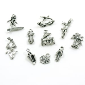Set of 10 Hawaiian Beach Theme Charms - Hula - Surfer Girl - Pineapple - Palm Trees - Beach Chairs - Sunglasses - Seashell - Bikini - Sandal