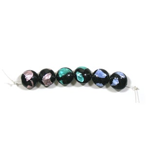 6 Handmade Lampwork Glass Beads - Black Lentil Shape with Pink/Green/Blue Foil - 16mm Art Glass Beads