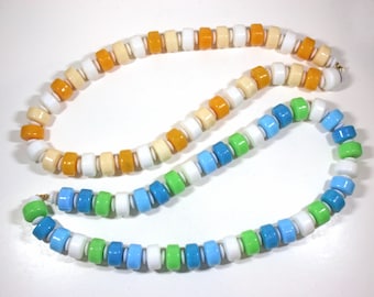 1960's-70's Chunky 26" Beaded Necklace - New Vintage Mod, Made in Hong Kong Multi-Color Plastic Jewelry - Tan White Blue Green Beads