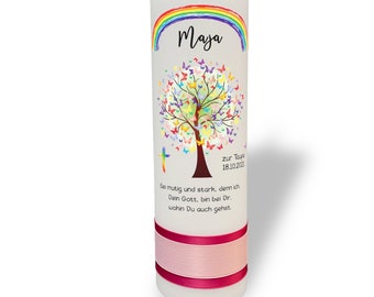 Christening candle / communion candle / confirmation candle - tree of life with butterflies and rainbow