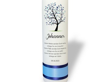 Christening candle / communion candle / confirmation candle - tree of life blue