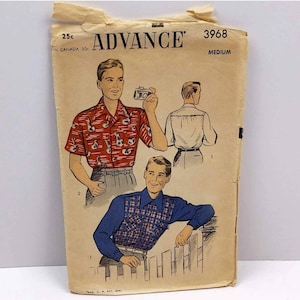 1950s Men&#39;s Medium Button Down Collared Shirt Sewing Pattern, Advance 3968, Vintage Shirt Retro Pattern, Boyfriend Birthday Gift
