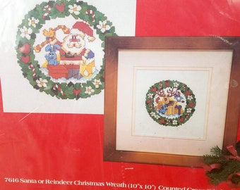 Kit de punto de cruz contado de Santa o reno NIP, Artesanías de decoración de coronas navideñas, Expresiones creativas vintage, Decoración alegre de vacaciones, 10 x 10