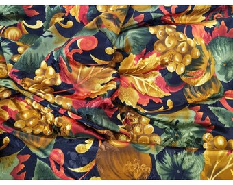 4.5 Yards Autumn Leaves and Fruit Damask Fabric, Vintage Black Red Gold Apparel Fabric, Pomegranate, Plum, Grapes, Peach, Thanksgiving Decor
