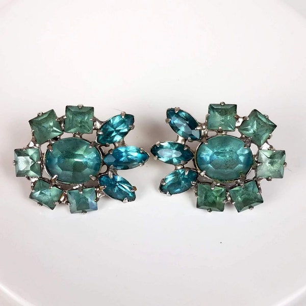 60s Blue Turquoise Rhinestone Floral Clip On Earrings, Old Hollywood Glam Statement Jewelry, Retro Birthday Present for Girlfriend