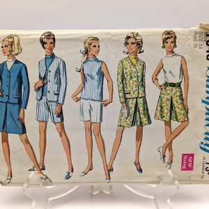 60s Women&#39;s Summer Suit Separates Sewing Pattern, Sz 14, Jacket and Skirt or Culottes Pantskirt, Shorts and Blouse, Vintage Simplicity 7548