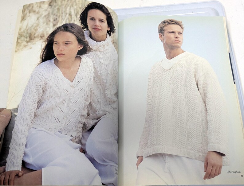 Rowan Denim 14 Knitting Designs Book by Kim Hargreaves, Aran Inspired Sweater Patterns for Women Men and Children, OOP imagen 11
