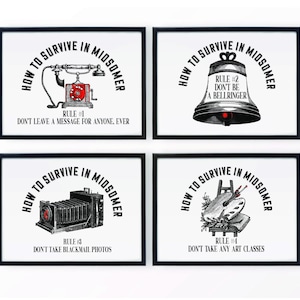 Hoe te overleven in Midsomer 1-4 Set van vier 5x7 unframed art prints, verjaardagscadeau voor Midsomer Murders Fan, Britse Mystery Decor
