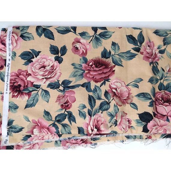 3yds Hoffman California Pink and Red Roses Chintz Home Decor Fabric, Vintage 80s Beige Floral Fabric for Sewing Curtains and Pillows
