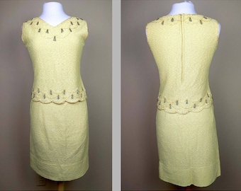 60s Yellow Knit Sleeveless Top and Skirt, Vintage 2 Piece Wedding Guest Dress with Silver Beaded Detail, Retro Dress Birthday Gift