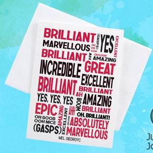 Mel Giedroyc Taskmaster positive cite carte de voeux vierge, carte Taskmaster drôle, carte d'anniversaire pour fan de Taskmaster, citations de télévision britanniques