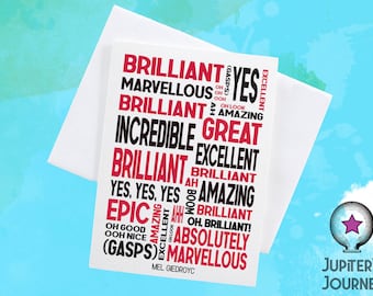 Tarjeta de felicitación en blanco con citas positivas de Mel Giedroyc, tarjeta divertida de Taskmaster, tarjeta de cumpleaños para un fan de Taskmaster, citas de la televisión británica