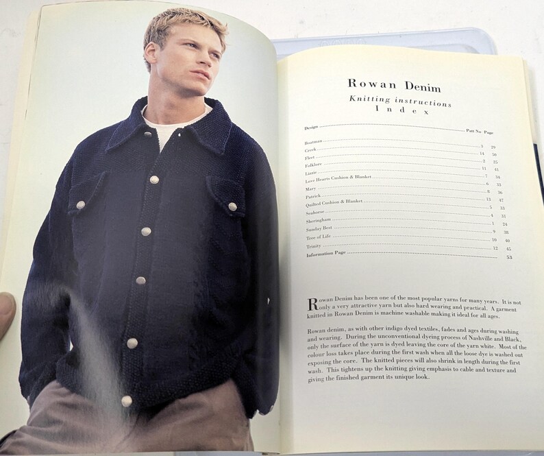 Rowan Denim 14 Knitting Designs Book by Kim Hargreaves, Aran Inspired Sweater Patterns for Women Men and Children, OOP imagen 2
