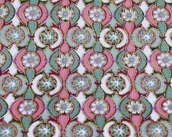 MCM-Inspired Geometric Floral Fabric, Pink Green White Circles, Metallic Gold, Hi-Fashion Fabric, 1.5yd, Fabric for Sewing Bags and Decor