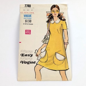 Jaren 70 gemakkelijke dames a-lijn jurk met korte mouwen naaipatroon, maat 10, jurk met kraag en opgestikte zakken, vintage Vogue 7740