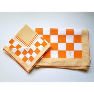 70s Yves Saint Laurent Mod Orange White Squares Checked Tablecloth and Napkin Set, Rare Vintage YSL MCM Designer Linens, 70s Home Decor Gift