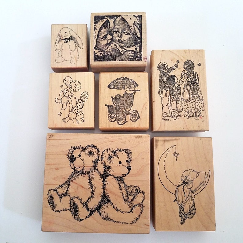 Baby Carriage Teddy Bear 7 Retired Baby Shower Card and Invite Stamps Stuffed Animals Grandparents PSX