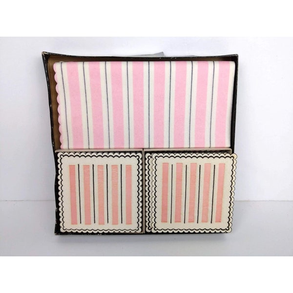 50s Pink White and Black Luncheon Set, Vintage Paper Coasters, Striped Placemats, Retro Hostess Gift, Tea Party Decor, Housewarming Present