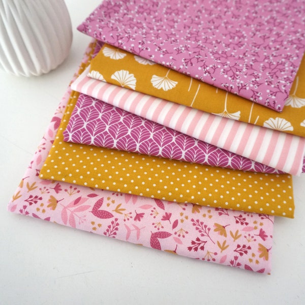 Fabric package cotton, leaves, flowers, gingko, stripes, pink, mustard, patchwork