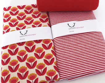 Jersey fabric bundle, retro floral print, orange, 70s style, stripes and red ribbing