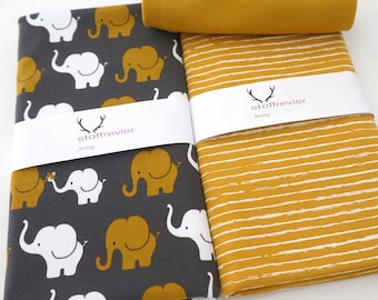 Stoffpaket Jersey + Gratis-Schnittmuster Babyhose, 'Elefanten Parade' Senf, Linien, Bündchen