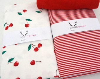 Stoffpaket Jersey + Gratis-Schnittmuster Babyhose, 'Cherries' Kirschen Weiß, Ringel Rot, Bündchen