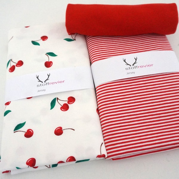 Stoffpaket Jersey + Gratis-Schnittmuster Babyhose, 'Cherries' Kirschen Weiß, Ringel Rot, Bündchen