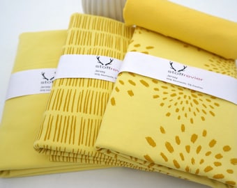 Fröhliches Stoffpaket Jersey 'Große Blüten' Striche, Uni, Gelb, Bündchen