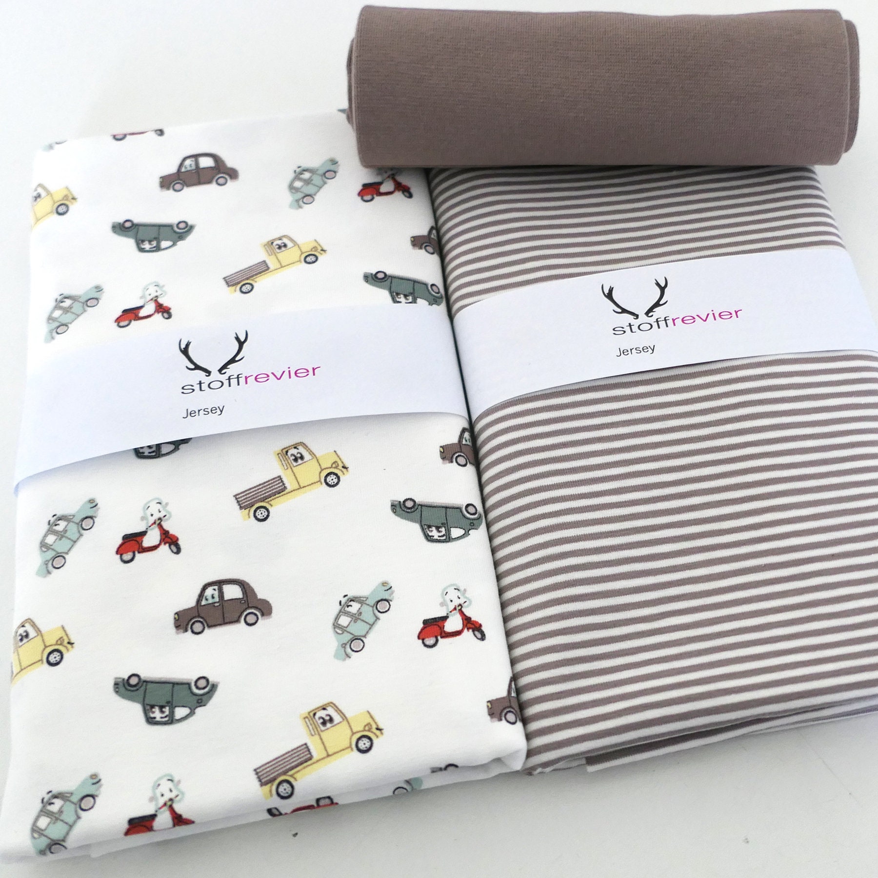 Fabric package Jersey+ Free pattern Baby pants, Cars/Autos Off-White, striped cuffs Taupe, cuffs