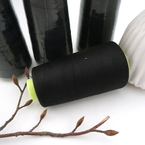 Può includere: Primo piano di rocchetti di filo nero. Il filo è avvolto strettamente su una base di rocchetto verde. Diversi altri rocchetti neri sono sullo sfondo. Un piccolo rametto con gemme è in primo piano. Lo sfondo è bianco.