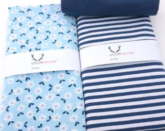 Jersey fabric bundle + free sewing pattern for baby pants, scattered flowers, stripes, cuffs