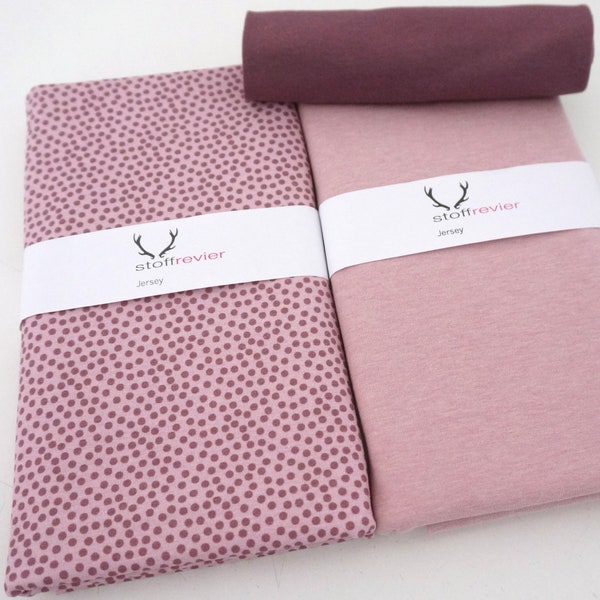 Jersey fabric package, Joris dots old pink, plain mottled and cuffs mauve