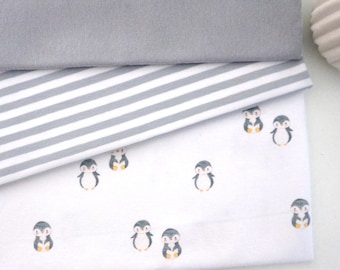 Leftover jersey package + free pattern for baby pants, 'Penguins', white/gray stripes and cuffs of your choice