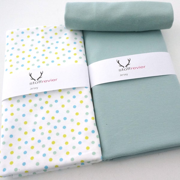 Stoffpaket Jersey + Gratis-Schnittmuster Babyhose, Ink Dots, Weiß/Mint, Uni Mint, Bündchen