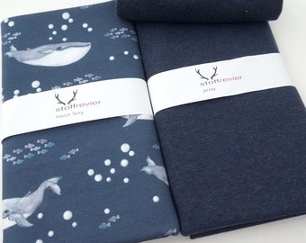 Fabric package FrenchTerry/Jersey, whales, plain, cuffs dark blue mottled