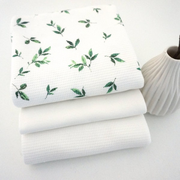 Fabric package waffle jersey, 'branches', green/natural white, plain, natural white, cuffs