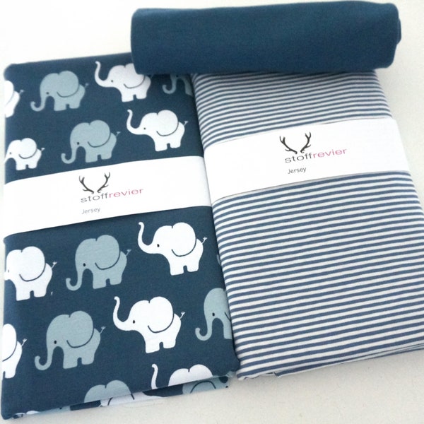 Jersey fabric package + free pattern for baby trousers, 'Elephant Parade' blue, medium blue stripes, cuffs