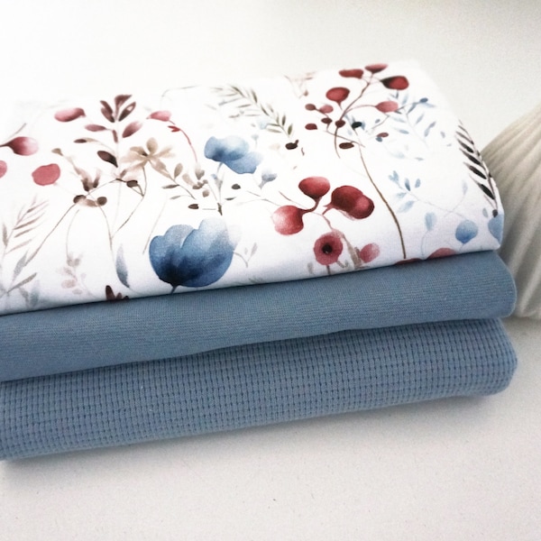 Restepaket Jersey/Waffeljersey 'Aquarellblüten' Weiß, Uni, Bündchen Mittelblau