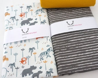 Jersey fabric package + free pattern for baby trousers, 'Wild Animals', off-white, gray lines, cuffs