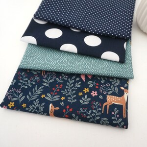 Fabric package cotton, deer, blobs, dots, dark blue, patchwork