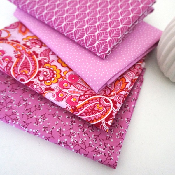 Stoffpaket Fat Quarter Baumwolle 'Paisley' Webware, Blumen, Punkte, Blätter, Pink