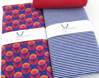 Jersey fabric bundle, retro floral print, blue, 70s style, blue stripes, red ribbing