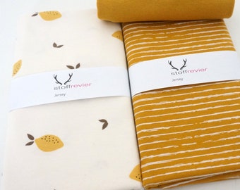 Jersey fabric package, 'big lemons' off-white, mustard lines, cuffs