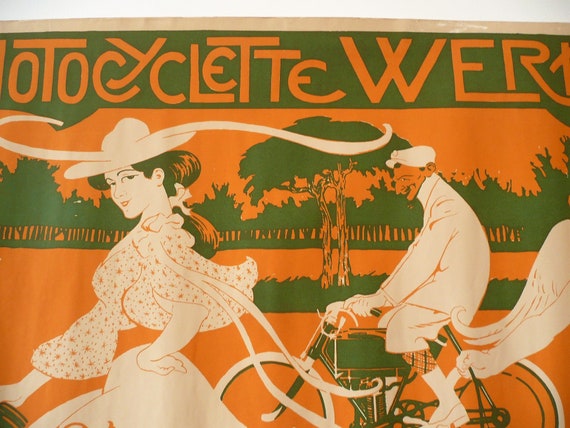 Affiche Publicitaire Ancienne Publicité Grand Poster Publicitaire La Motocyclette Werner Par Auguste Roubille Art Nouveau 80s