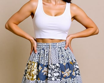 Boho patchwork minirok met laagjes, bloemenprint van rayon, geschikt voor festivals, rok met elastische taille voor dames
